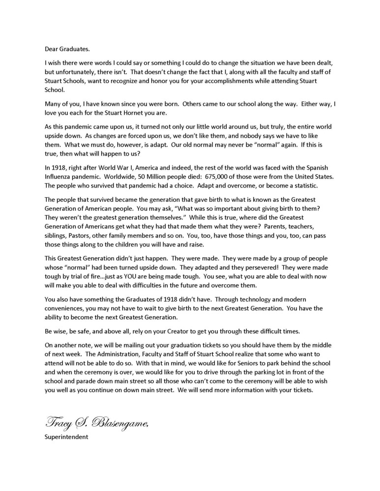 Graduate Letter from Superintendent Tracy S. Blasengame